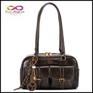 PU Leather Shoulder Bag Top Handle Multiple Pockets Retro Y2K Tote